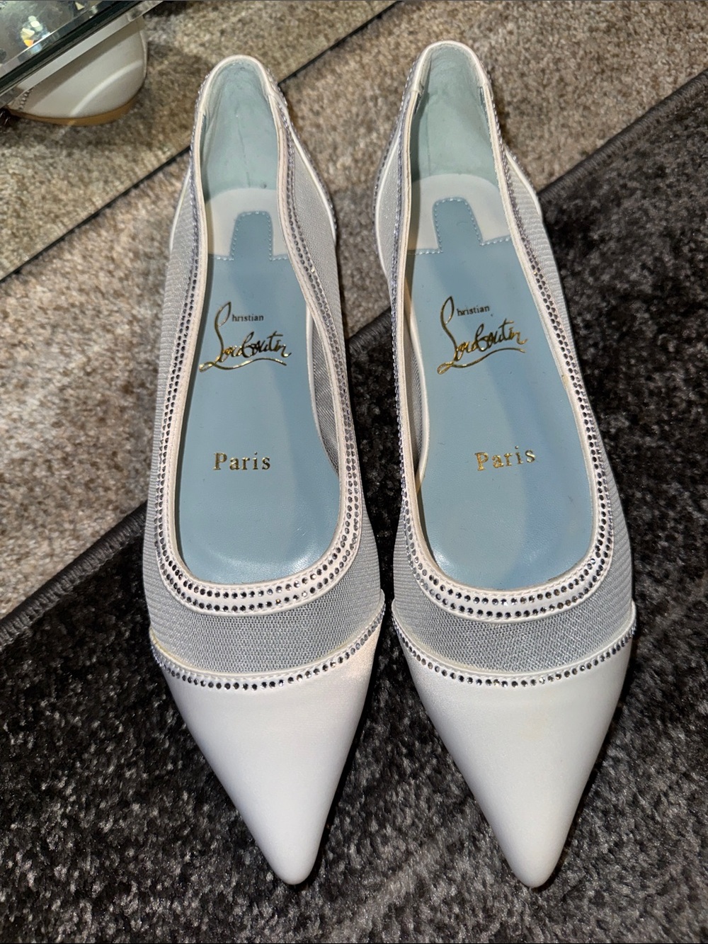 Christian Louboutin White Pointed Toe Mesh & Leather Flats with Crystal Trim